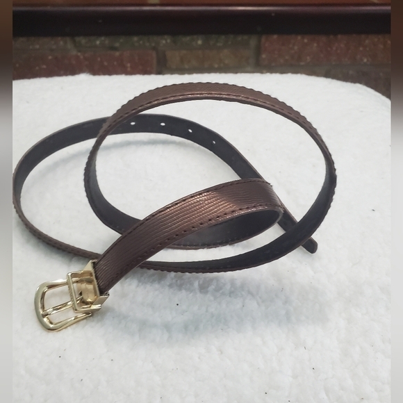 CALVIN KLEIN FANCY BROWN LEATHER THIN PANTS BELT GOLD METAL SQUARE BUCKLE SZ L. - Picture 3 of 8